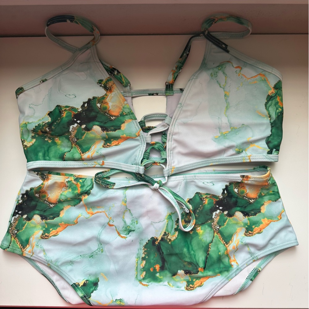 Emerald green and gold marbled bikini